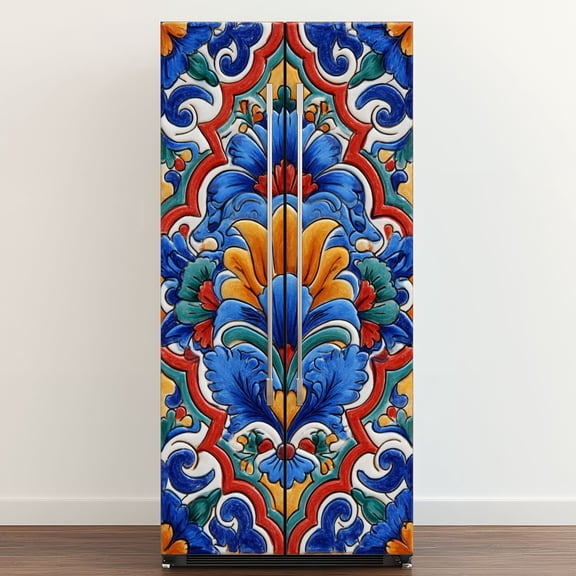 Self Adhesive Vinyl Refrigerator Wrap Set Mexican talavera ceramic tile Ethnic folk ornament Italian Door Mural Removable Fridge Sticker Peel and Stick Full Door Cover Decal Kitchen Bar Decor