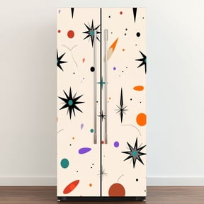 Self Adhesive Vinyl Refrigerator Wrap Set Mid Century Fifties Modern Retro Luxurious Graphic Print Door Mural Removable Fridge Sticker Peel and Stick Full Door Cover Decal Kitchen Bar Decor