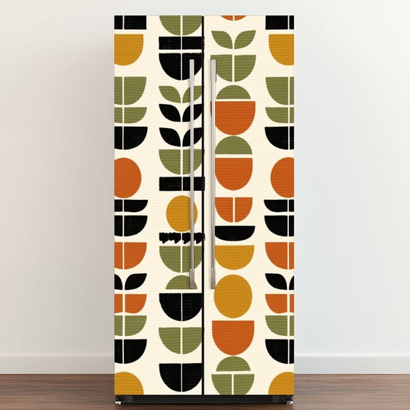 Self Adhesive Vinyl Refrigerator Wrap Set Mid Century Modern Geometric Retro Shapes Black Orange Green Door Mural Removable Fridge Sticker Peel and Stick&nbsp;Full Door Cover Decal Kitchen Bar Decor