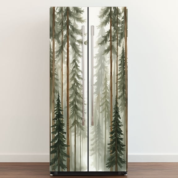Self Adhesive Vinyl Refrigerator Wrap Set Misty Forest Tall Pine Trees Watercolor Style Door Mural Removable Fridge Sticker Peel and Stick&nbsp;Full Door Cover Decal Kitchen Bar Decor
