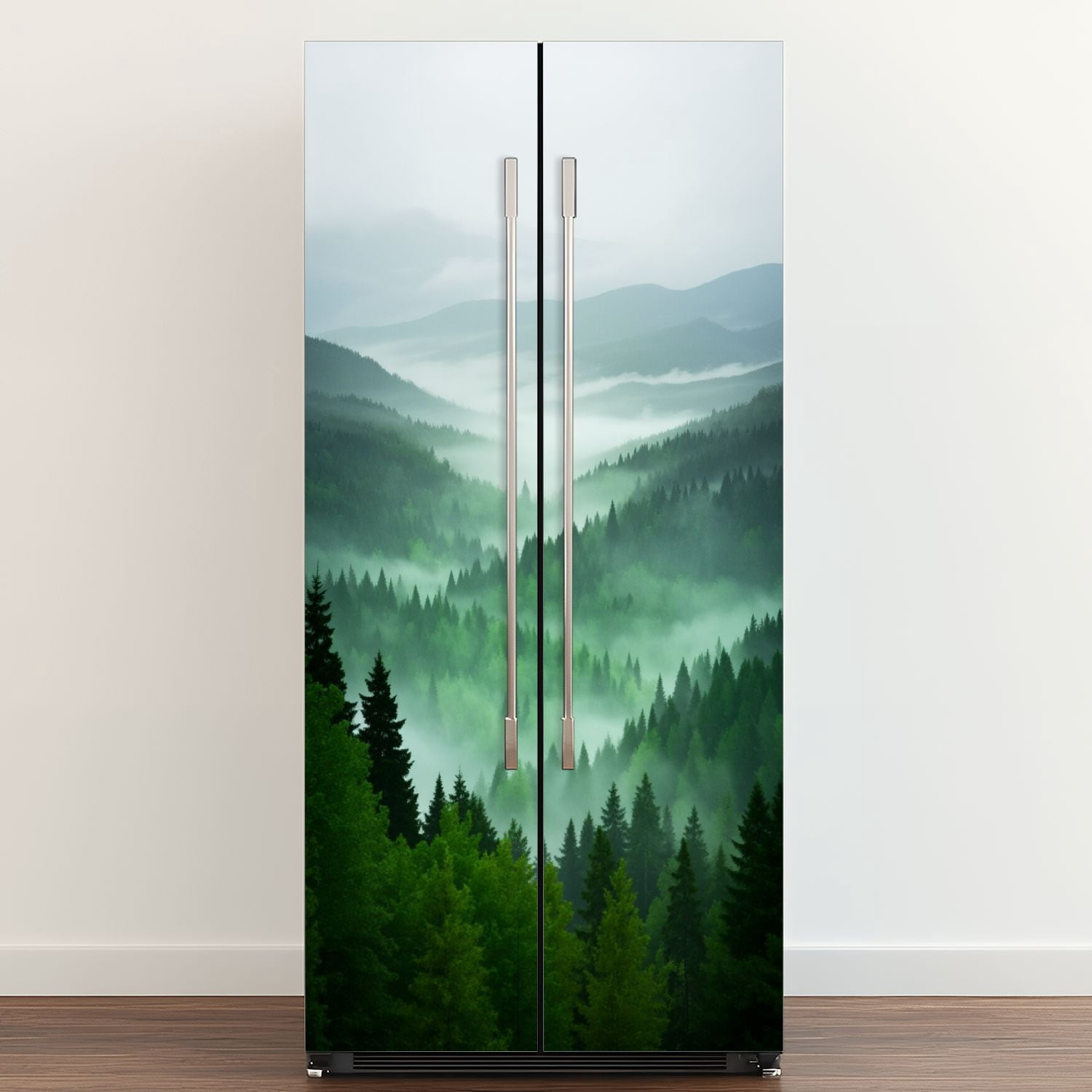 Self Adhesive Vinyl Refrigerator Wrap Set Misty Mountain Forest Landscape Layered Pine Trees Soft Door Mural Removable Fridge Sticker Peel and Stick&nbsp;Full Door Cover Decal Kitchen Bar Decor