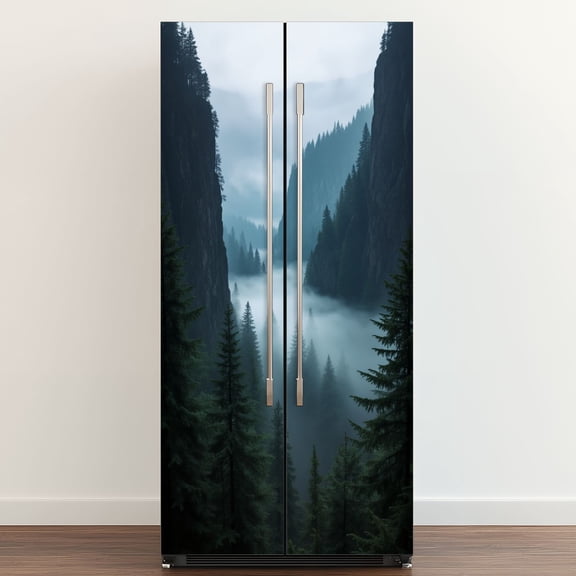 Self Adhesive Vinyl Refrigerator Wrap Set Misty Mountain Forest Valley Pine Trees Foggy Atmosphere Door Mural Removable Fridge Sticker Peel and Stick&nbsp;Full Door Cover Decal Kitchen Bar Decor