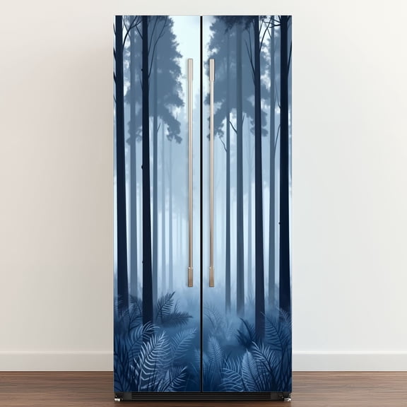 Self Adhesive Vinyl Refrigerator Wrap Set Misty Pine Forest Fog Landscape Tranquil Woodland Scene Door Mural Removable Fridge Sticker Peel and Stick Full Door Cover Decal Kitchen Bar Decor
