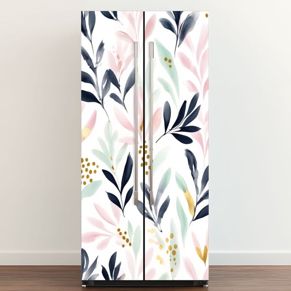 Self Adhesive Vinyl Refrigerator Wrap Set Modern Botanical Watercolor Pink Gold Mint Navy Leaves Door Mural Removable Fridge Sticker Peel and Stick Full Door Cover Decal Kitchen Bar Decor