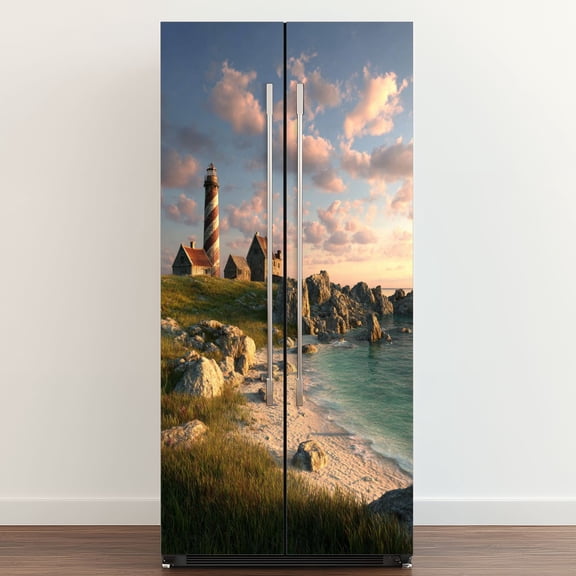 Self Adhesive Vinyl Refrigerator Wrap Set Montauk Point Light Lighthouse Long Island New York Suffolk Door Mural Removable Fridge Sticker Peel and Stick&nbsp;Full Door Cover Decal Kitchen Bar Decor