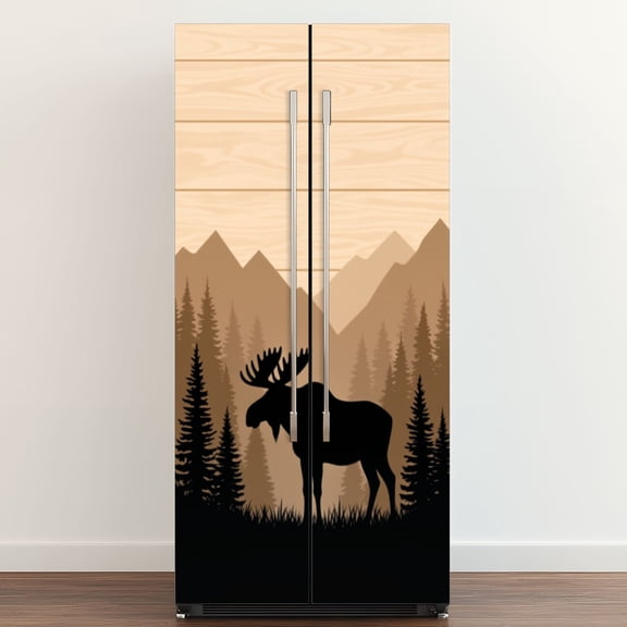 Self Adhesive Vinyl Refrigerator Wrap Set Moose Rustic Cabin Farmhouse Forest Moose Painting Moose Door Mural Removable Fridge Sticker Peel and Stick Full Door Cover Decal Kitchen Bar Decor
