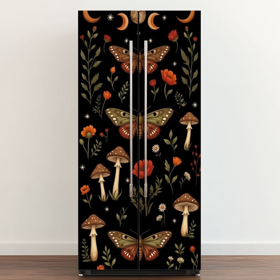 Self Adhesive Vinyl Refrigerator Wrap Set Moth Mushroom Botanical Floral Elements Crescent Moons Door Mural Removable Fridge Sticker Peel and Stick&nbsp;Full Door Cover Decal Kitchen Bar Decor
