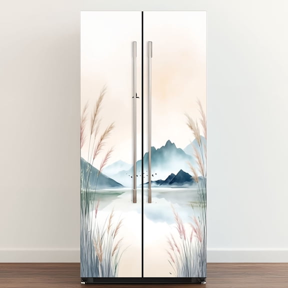 Self Adhesive Vinyl Refrigerator Wrap Set Mountain Peak Lake Tall Reeds Mountains Water Body Birds Door Mural Removable Fridge Sticker Peel and Stick Full Door Cover Decal Kitchen Bar Decor
