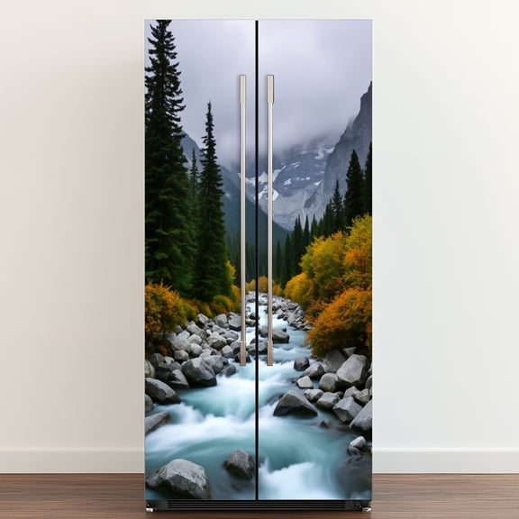Self Adhesive Vinyl Refrigerator Wrap Set Mountain Stream Flowing Dense Forest Autumn Foliage Misty Door Mural Removable Fridge Sticker Peel and Stick&nbsp;Full Door Cover Decal Kitchen Bar Decor