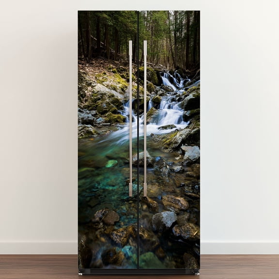 Self Adhesive Vinyl Refrigerator Wrap Set Mountain stream spring Door Mural Removable Fridge Sticker Peel and Stick&nbsp;Full Door Cover Decal Kitchen Bar Decor