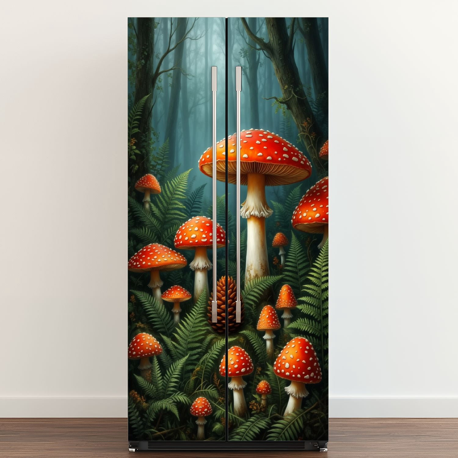 Self Adhesive Vinyl Refrigerator Wrap Set Mushrooms Forest Ferns Pinecone Mystical Fantasy Botanical Door Mural Removable Fridge Sticker Peel and Stick&nbsp;Full Door Cover Decal Kitchen Bar Decor