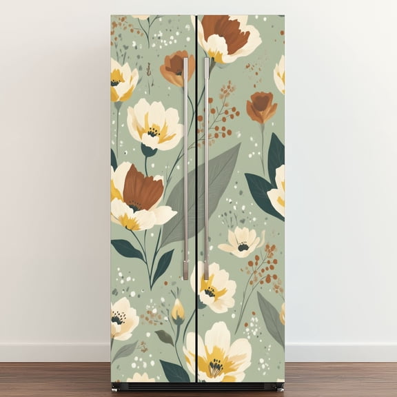 Self Adhesive Vinyl Refrigerator Wrap Set Muted Green Floral Brown Yellow Blooms Door Mural Removable Fridge Sticker Peel and Stick Full Door Cover Decal Kitchen Bar Decor