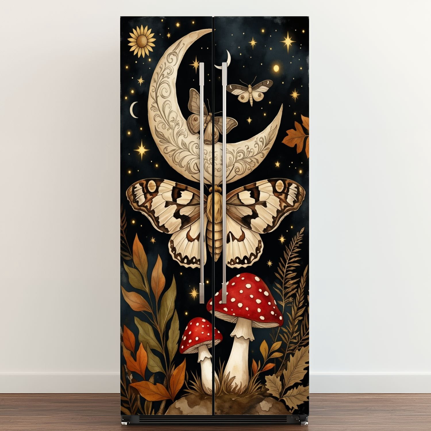 Self Adhesive Vinyl Refrigerator Wrap Set Mystical Night Sky Butterflies Crescent Moon Red Mushrooms Door Mural Removable Fridge Sticker Peel and Stick&nbsp;Full Door Cover Decal Kitchen Bar Decor