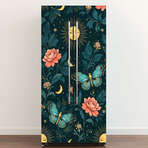 Self Adhesive Vinyl Refrigerator Wrap Set Mystical Sun Moon Floral Moth Door Mural Removable Fridge Sticker Peel and Stick Full Door Cover Decal Kitchen Bar Decor