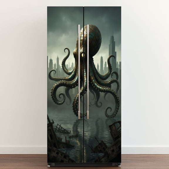Self Adhesive Vinyl Refrigerator Wrap Set Mythical Sea Creatures Stained Glass Octopus Door Mural Removable Fridge Sticker Peel and Stick Full Door Cover Decal Kitchen Bar Decor