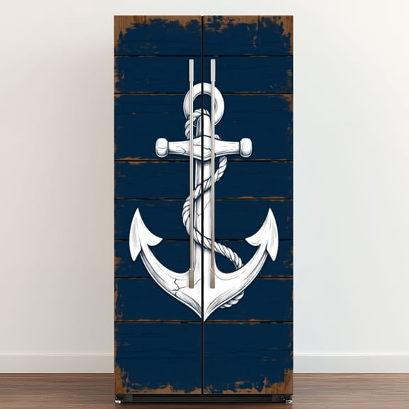 Self Adhesive Vinyl Refrigerator Wrap Set Nautical Boat Helm Compass Lighthouse Rustic Style Beach Door Mural Removable Fridge Sticker Peel and Stick Full Door Cover Decal Kitchen Bar Decor
