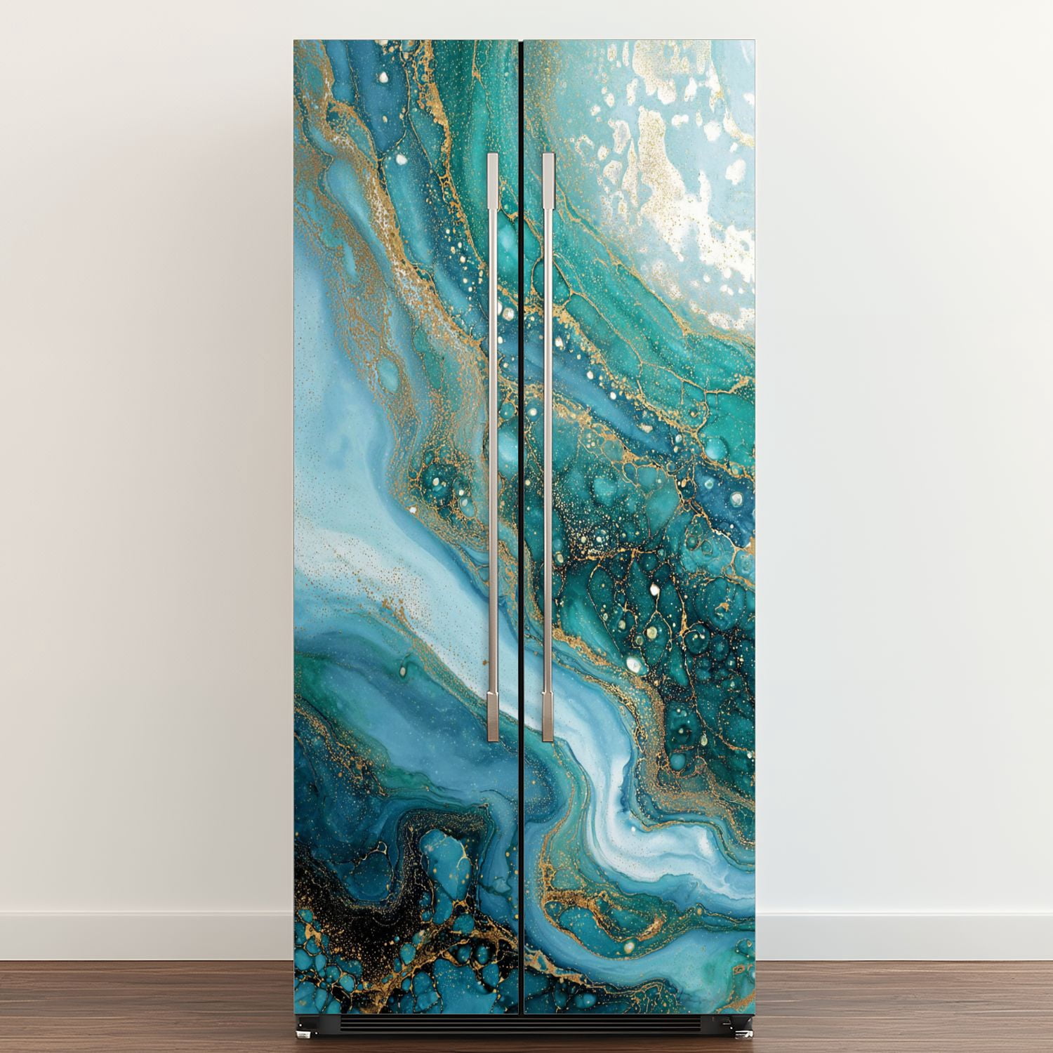 Self Adhesive Vinyl Refrigerator Wrap Set Navy blue White Streaks Ocean Waves spilled Water Ink Door Mural Removable Fridge Sticker Peel and Stick&nbsp;Full Door Cover Decal Kitchen Bar Decor
