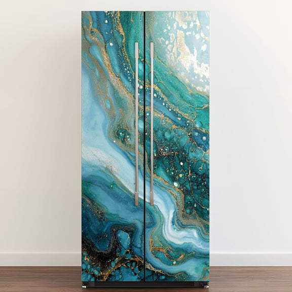 Self Adhesive Vinyl Refrigerator Wrap Set Navy blue White Streaks Ocean Waves spilled Water Ink Door Mural Removable Fridge Sticker Peel and Stick&nbsp;Full Door Cover Decal Kitchen Bar Decor