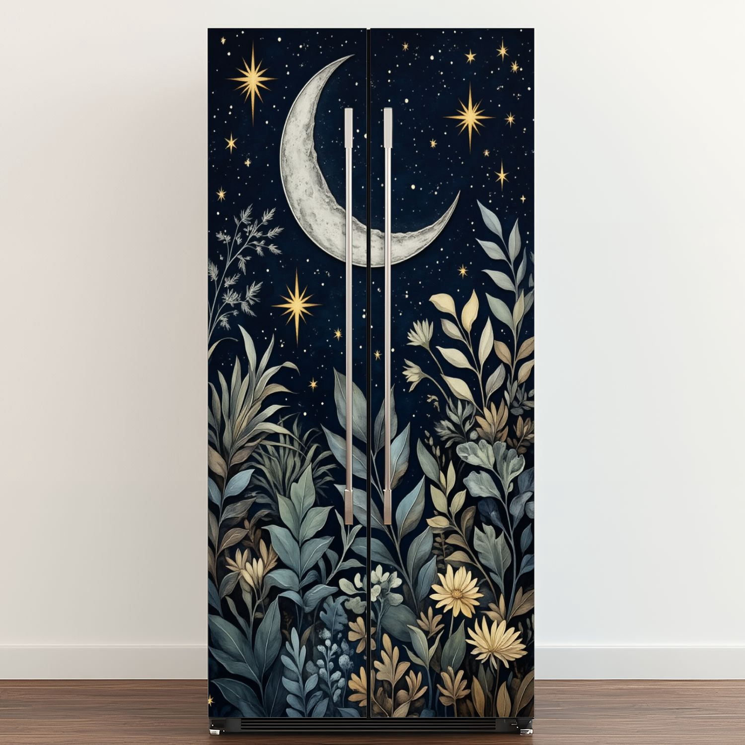 Self Adhesive Vinyl Refrigerator Wrap Set Night Sky Stars Floral Landscape Door Mural Removable Fridge Sticker Peel and Stick&nbsp;Full Door Cover Decal Kitchen Bar Decor