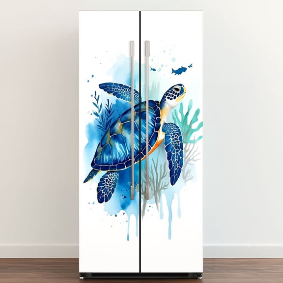 Self Adhesive Vinyl Refrigerator Wrap Set Ocean Blue Turtle Sea Pictures Coastal Print Painting Door Mural Removable Fridge Sticker Peel and Stick Full Door Cover Decal Kitchen Bar Decor