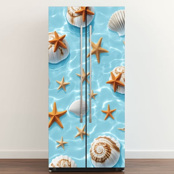 Self Adhesive Vinyl Refrigerator Wrap Set Ocean Shells Starfish Floating Water Door Mural Removable Fridge Sticker Peel and Stick&nbsp;Full Door Cover Decal Kitchen Bar Decor