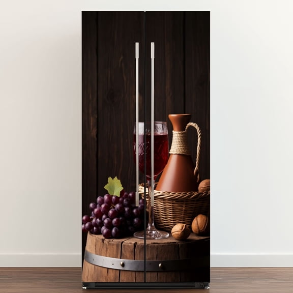 Self Adhesive Vinyl Refrigerator Wrap Set Old red wine Traditional storage wine Door Mural Removable Fridge Sticker Peel and Stick&nbsp;Full Door Cover Decal Kitchen Bar Decor
