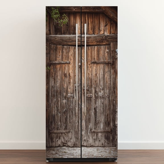 Self Adhesive Vinyl Refrigerator Wrap Set Old weathered barn Door Mural Removable Fridge Sticker Peel and Stick Full Door Cover Decal Kitchen Bar Decor