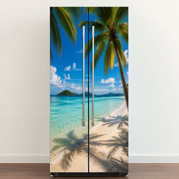 Self Adhesive Vinyl Refrigerator Wrap Set Palm trees tropical beach Virgin Islands Door Mural Removable Fridge Sticker Peel and Stick&nbsp;Full Door Cover Decal Kitchen Bar Decor
