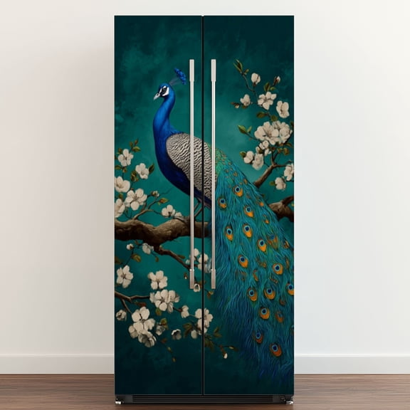 Self Adhesive Vinyl Refrigerator Wrap Set Peacock Flowing Tail Feathers Blossom Branch Vintage Teal Door Mural Removable Fridge Sticker Peel and Stick Full Door Cover Decal Kitchen Bar Decor