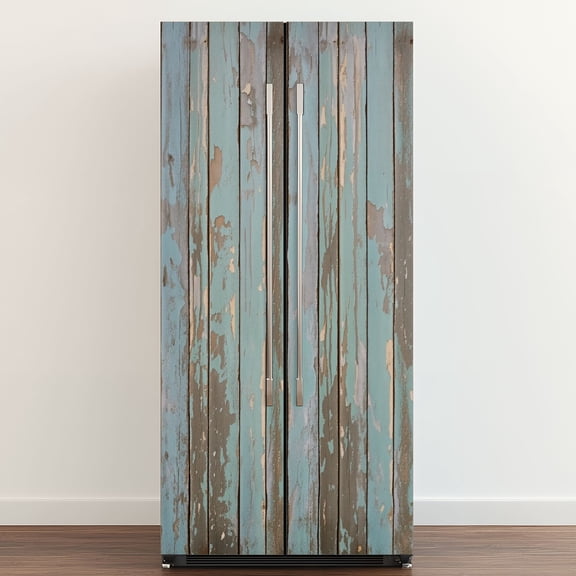 Self Adhesive Vinyl Refrigerator Wrap Set Peeling Paint Wooden Planks Distressed Blue Gray Tones Door Mural Removable Fridge Sticker Peel and Stick&nbsp;Full Door Cover Decal Kitchen Bar Decor