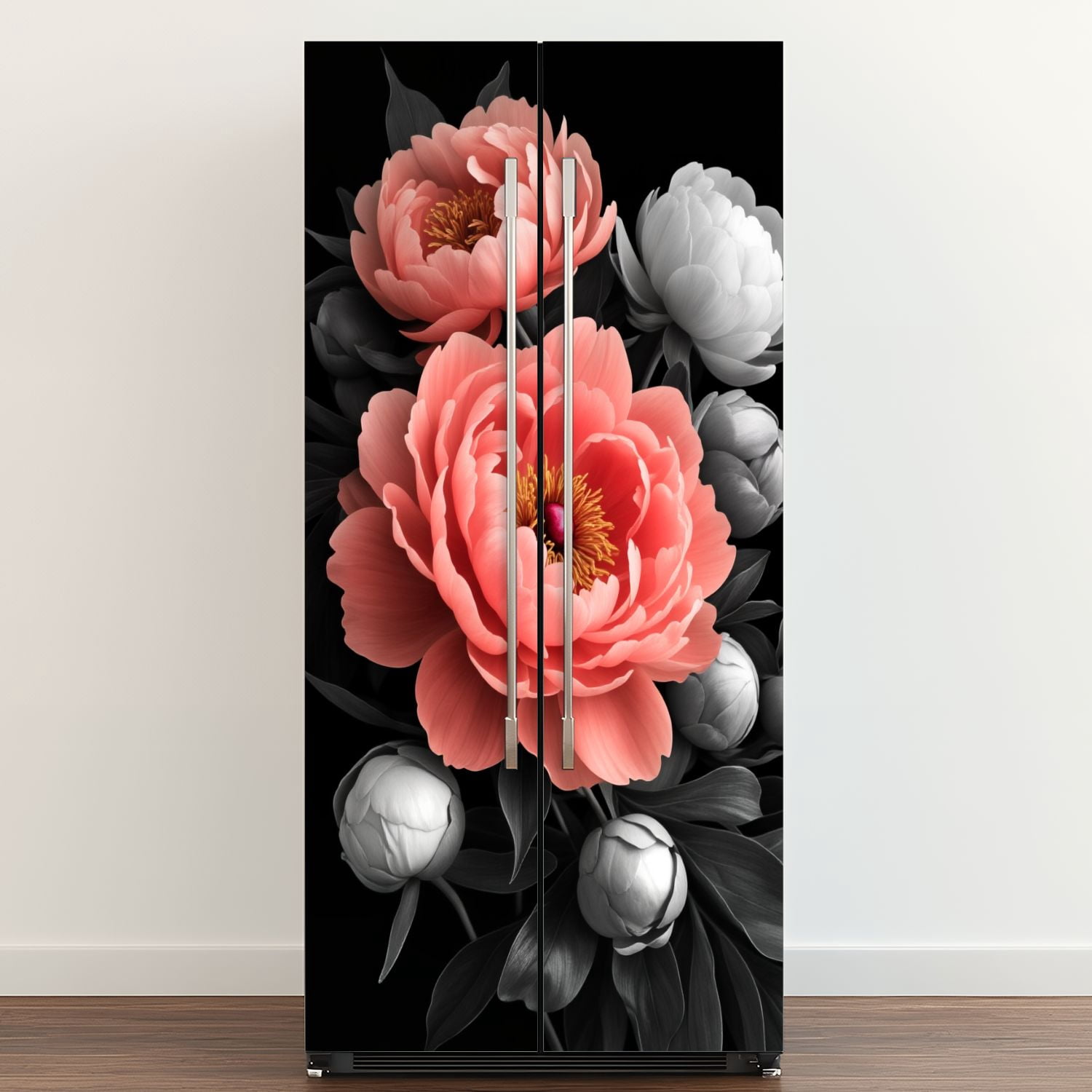 Self Adhesive Vinyl Refrigerator Wrap Set Peony Flower Pink Petals Yellow Stamen Gray Leaves Black Door Mural Removable Fridge Sticker Peel and Stick&nbsp;Full Door Cover Decal Kitchen Bar Decor