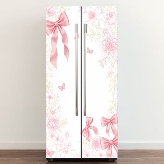 Self Adhesive Vinyl Refrigerator Wrap Set Pink Floral Ribbons Butterflies White Door Mural Removable Fridge Sticker Peel and Stick&nbsp;Full Door Cover Decal Kitchen Bar Decor