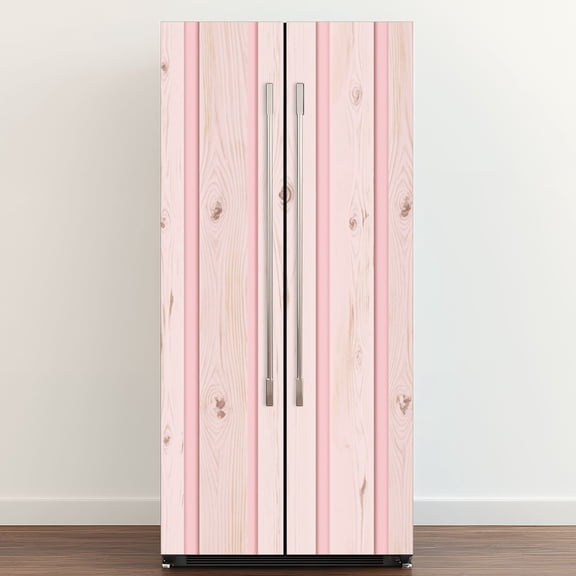 Self Adhesive Vinyl Refrigerator Wrap Set Pink Light Wood Vertical Stripe Door Mural Removable Fridge Sticker Peel and Stick&nbsp;Full Door Cover Decal Kitchen Bar Decor