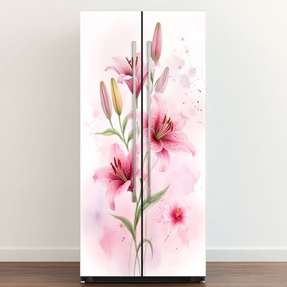 Self Adhesive Vinyl Refrigerator Wrap Set Pink Lily Floral Modern Pink Lilies Flower Buds Soft Blush Door Mural Removable Fridge Sticker Peel and Stick&nbsp;Full Door Cover Decal Kitchen Bar Decor