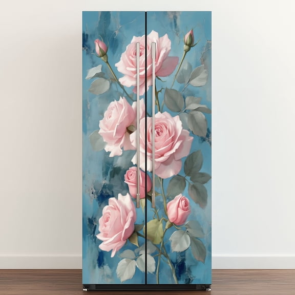 Self Adhesive Vinyl Refrigerator Wrap Set Pink Roses Bouquet Soft Green Leaves Blue Romantic Door Mural Removable Fridge Sticker Peel and Stick Full Door Cover Decal Kitchen Bar Decor