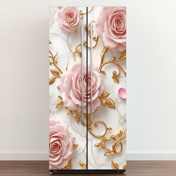 Self Adhesive Vinyl Refrigerator Wrap Set Pink Roses Golden Leaves Elegant Floral Marble Door Mural Removable Fridge Sticker Peel and Stick&nbsp;Full Door Cover Decal Kitchen Bar Decor