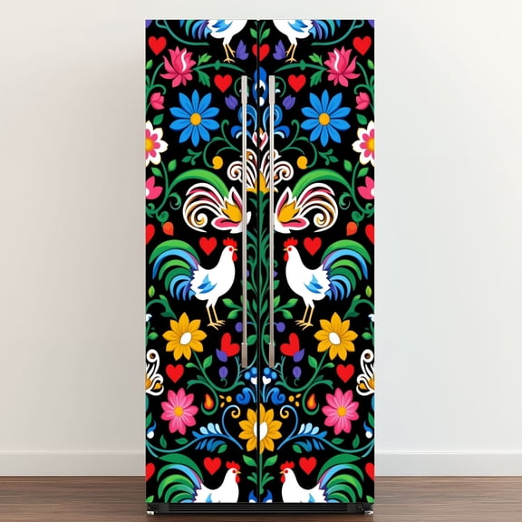 Self Adhesive Vinyl Refrigerator Wrap Set Polish folk art roosters Wzory Lowickie Wycinanka Door Mural Removable Fridge Sticker Peel and Stick Full Door Cover Decal Kitchen Bar Decor
