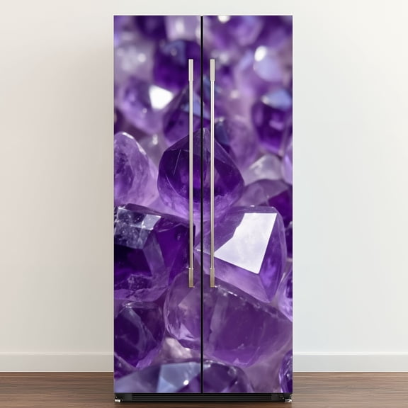 Self Adhesive Vinyl Refrigerator Wrap Set Purple Amethyst Crystal Cluster Shimmering Facets Door Mural Removable Fridge Sticker Peel and Stick Full Door Cover Decal Kitchen Bar Decor