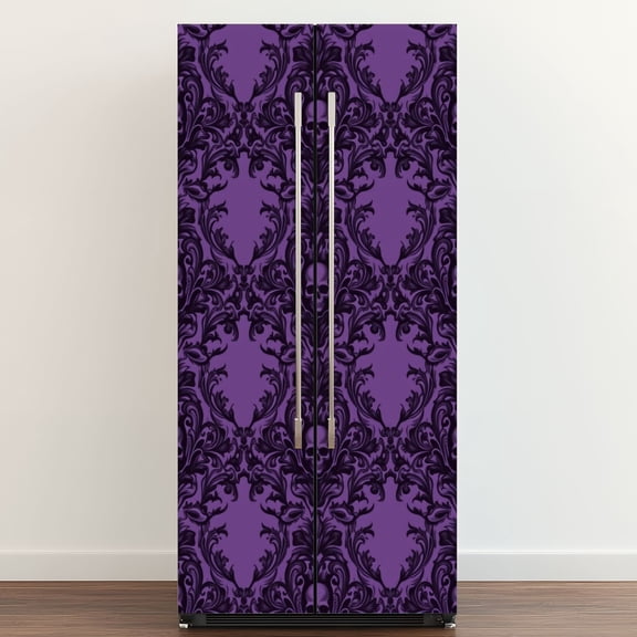 Self Adhesive Vinyl Refrigerator Wrap Set Purple Skull Damask Intricate Gothic Design Door Mural Removable Fridge Sticker Peel and Stick Full Door Cover Decal Kitchen Bar Decor