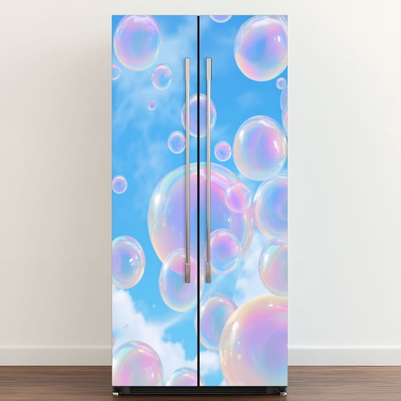 Self Adhesive Vinyl Refrigerator Wrap Set Rainbow Iridescent Soap Bubbles Floating Blue Sky Soft Clouds Door Mural Removable Fridge Sticker Peel and Stick&nbsp;Full Door Cover Decal Kitchen Bar Decor