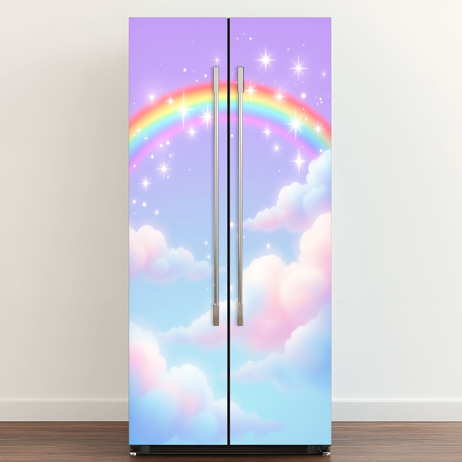 Self Adhesive Vinyl Refrigerator Wrap Set Rainbow Soft Pastel Clouds Sparkling Stars Door Mural Removable Fridge Sticker Peel and Stick&nbsp;Full Door Cover Decal Kitchen Bar Decor