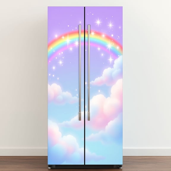 Self Adhesive Vinyl Refrigerator Wrap Set Rainbow Soft Pastel Clouds Sparkling Stars Door Mural Removable Fridge Sticker Peel and Stick Full Door Cover Decal Kitchen Bar Decor