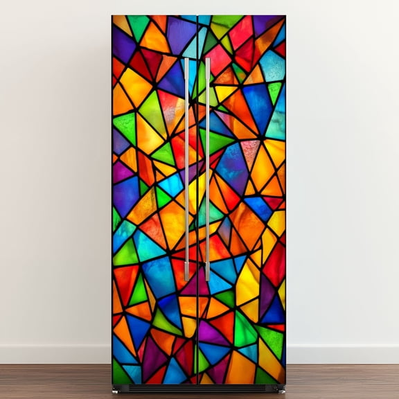 Self Adhesive Vinyl Refrigerator Wrap Set Rainbow Stained Glass Door Mural Removable Fridge Sticker Peel and Stick&nbsp;Full Door Cover Decal Kitchen Bar Decor