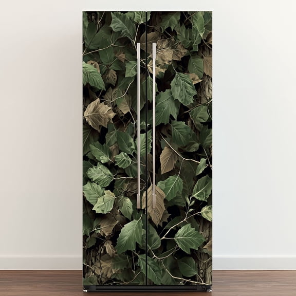 Self Adhesive Vinyl Refrigerator Wrap Set Realistic camouflage Conifer leaves Useable Door Mural Removable Fridge Sticker Peel and Stick Full Door Cover Decal Kitchen Bar Decor