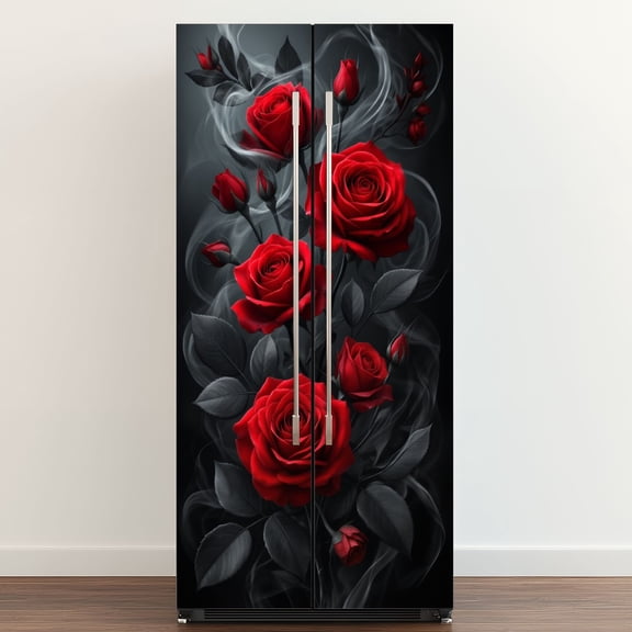 Self Adhesive Vinyl Refrigerator Wrap Set Red Roses Black White Smoky Swirls Door Mural Removable Fridge Sticker Peel and Stick Full Door Cover Decal Kitchen Bar Decor