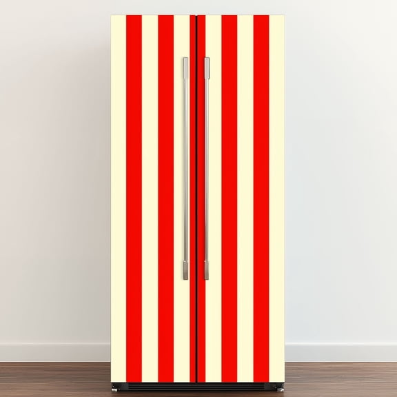 Self Adhesive Vinyl Refrigerator Wrap Set Red White Vertical Striped Retro Circus Style Door Mural Removable Fridge Sticker Peel and Stick Full Door Cover Decal Kitchen Bar Decor