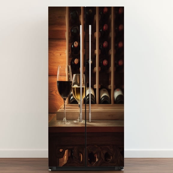 Self Adhesive Vinyl Refrigerator Wrap Set Red White Wine Stemware Cellar Rack Door Mural Removable Fridge Sticker Peel and Stick&nbsp;Full Door Cover Decal Kitchen Bar Decor