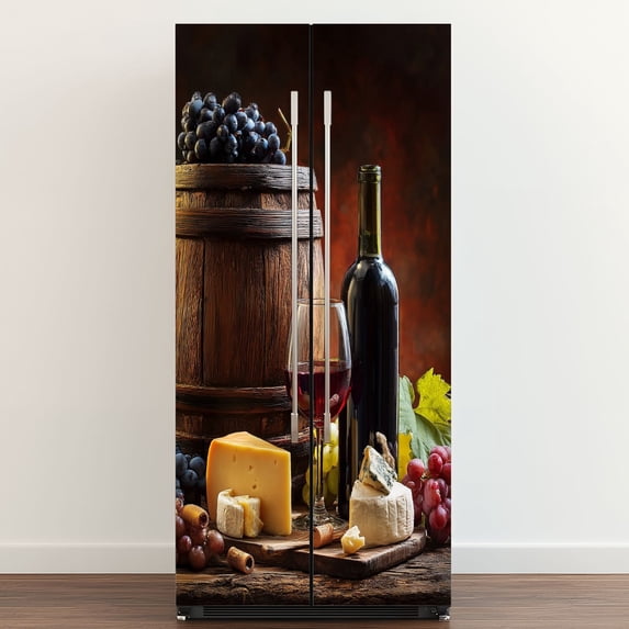 Self Adhesive Vinyl Refrigerator Wrap Set Red wine glass bottle composition cheese grape Door Mural Removable Fridge Sticker Peel and Stick Full Door Cover Decal Kitchen Bar Decor