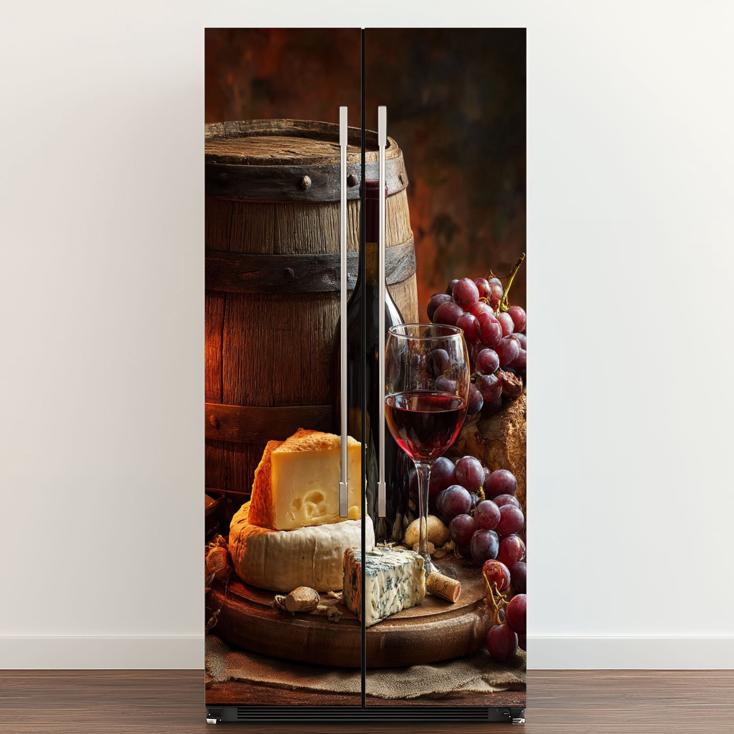 Self Adhesive Vinyl Refrigerator Wrap Set Red wine glass bottle composition cheese grape Door Mural Removable Fridge Sticker Peel and Stick&nbsp;Full Door Cover Decal Kitchen Bar Decor