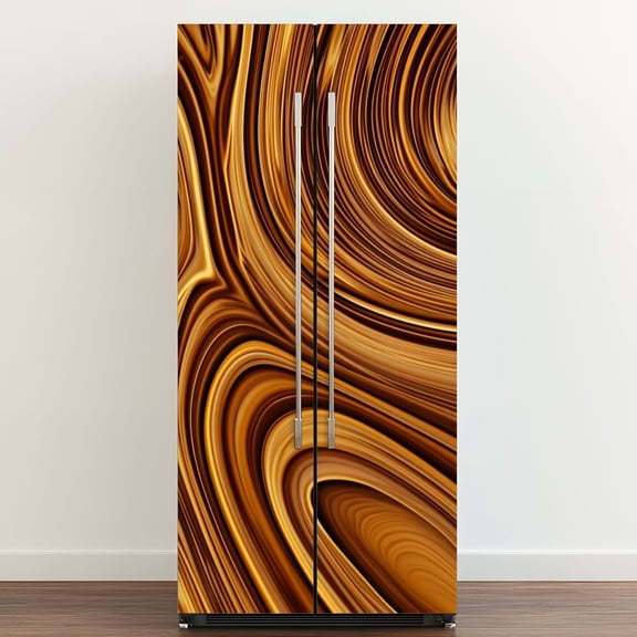 Self Adhesive Vinyl Refrigerator Wrap Set Ring Tree Wood Abstract Brown Gold Yellow Wave Fractal Fine Door Mural Removable Fridge Sticker Peel and Stick Full Door Cover Decal Kitchen Bar Decor
